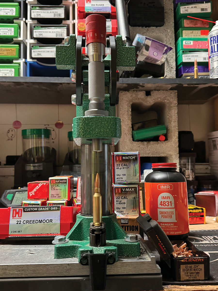 Seating a Barnes 69-grain Match Burner on an RCBS Summit press with Hornady’s new Click-Adjust Bullet Seating Micrometer.